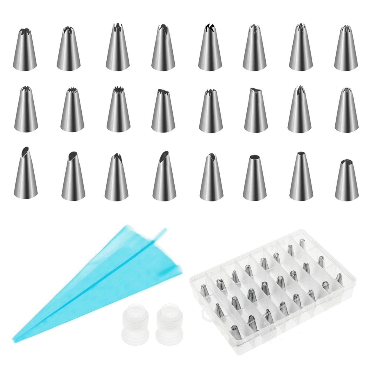 24Pcs Cake Decorating Kit Stainless Steel Icing Tips Pastry Bags Reusable Couplers